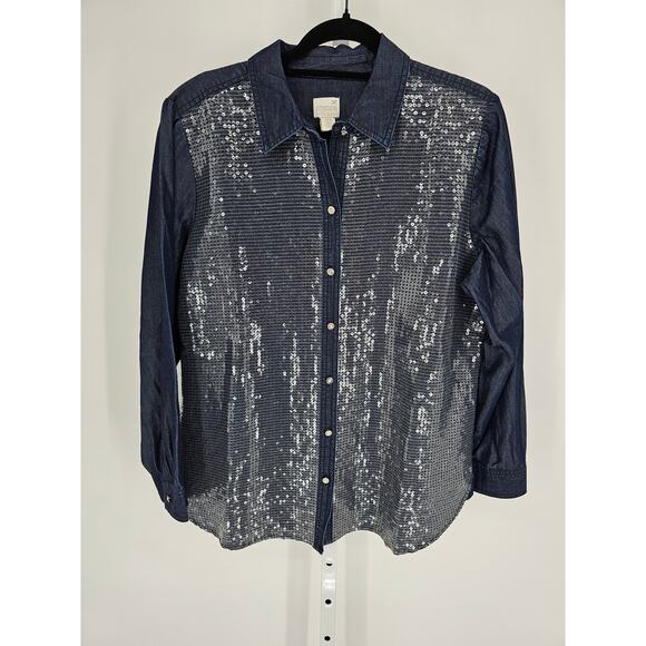 Chico's Platinum Sequin Denim Tabitha II, Venice Wash, Long Sleeve Shirt Sz 2 L - Picture 1 of 4